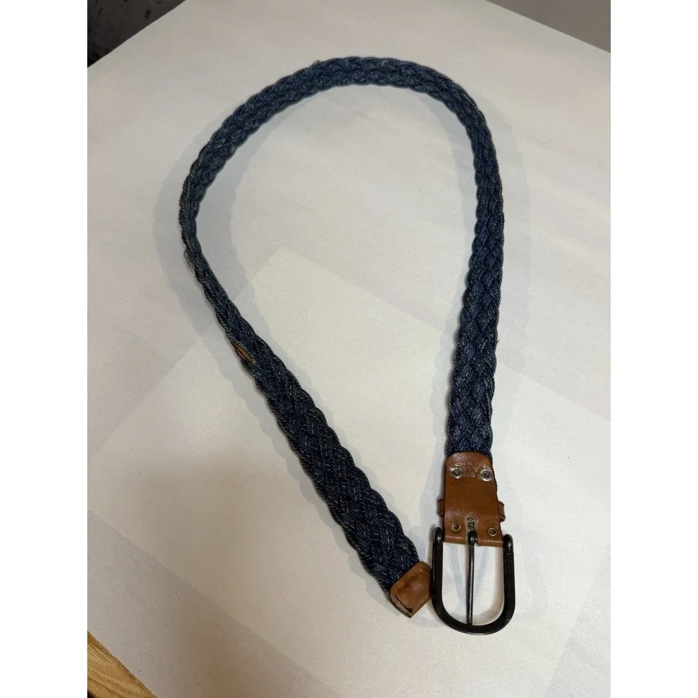 Vintage Mens Denim Blue and Brown Braided Leather Belt  Woven 34
